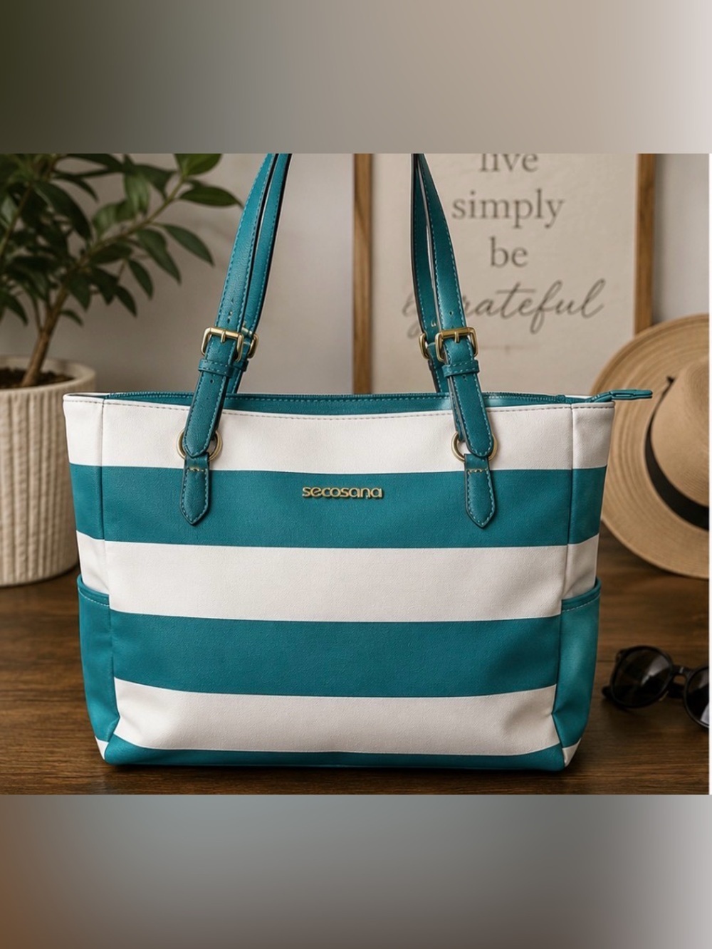 Secosana Teal Stripe Tote Bag | Large Shoulder Purse Travel Beach Work
